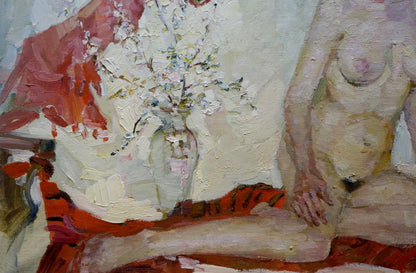 Translucent glass vase with white blossoms oil painting by Titarenko Maria Anatolyevna