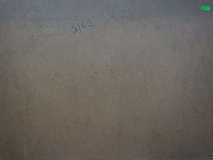 Back of oil painting The village of Mikhailovka by Fomin Anatoly Nikiforovich, beige textured surface with faint blue handwritten markings