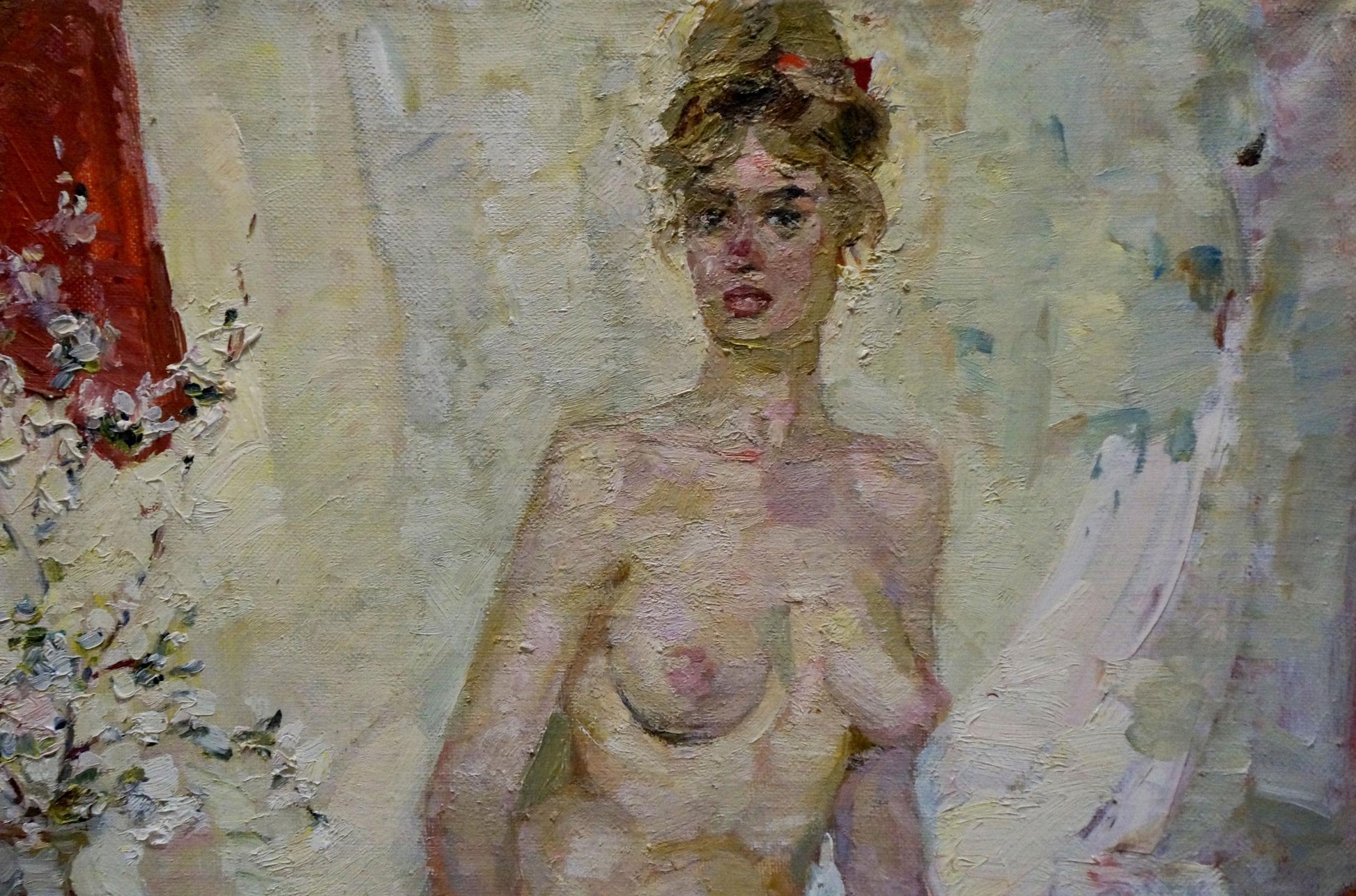 Impressionistic oil painting of figure blonde woman with red flowers by Titarenko Maria Anatolyevna