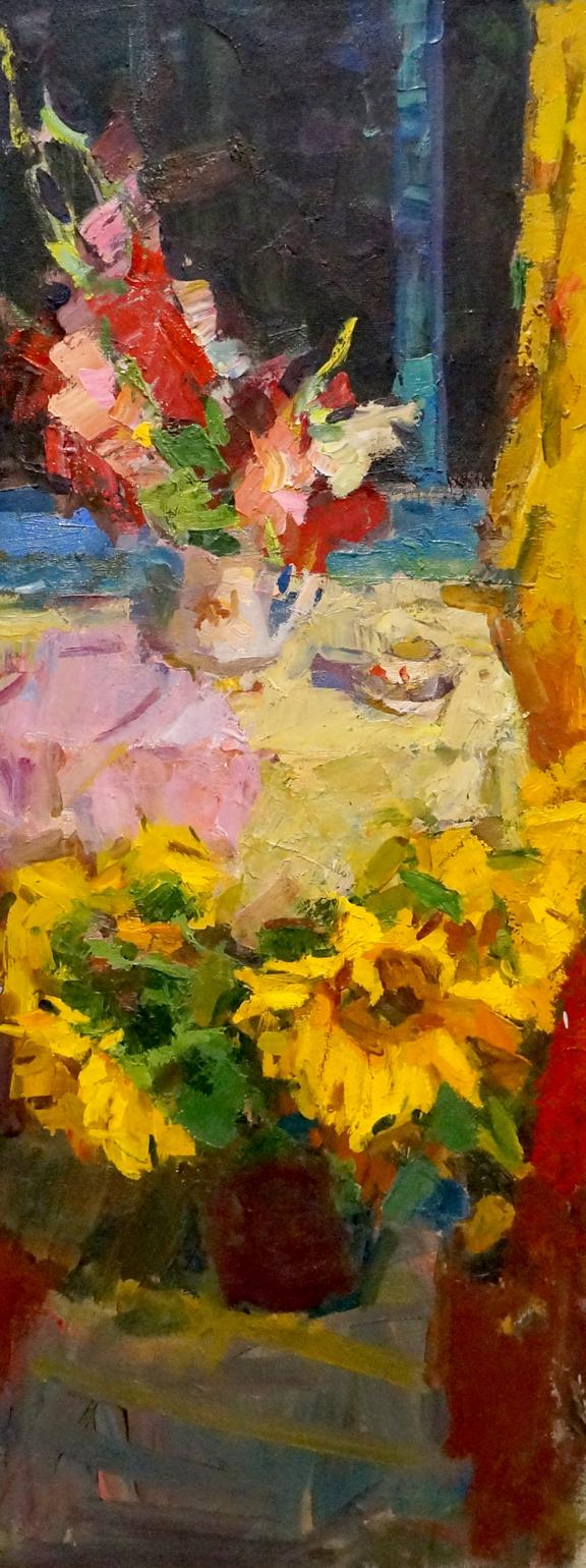 Vibrant impressionistic oil painting of sunflowers in vases on table by Schwab Vladimir