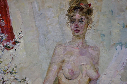 Impressionistic oil painting of figure blonde woman with red flower by Titarenko Maria Anatolyevna