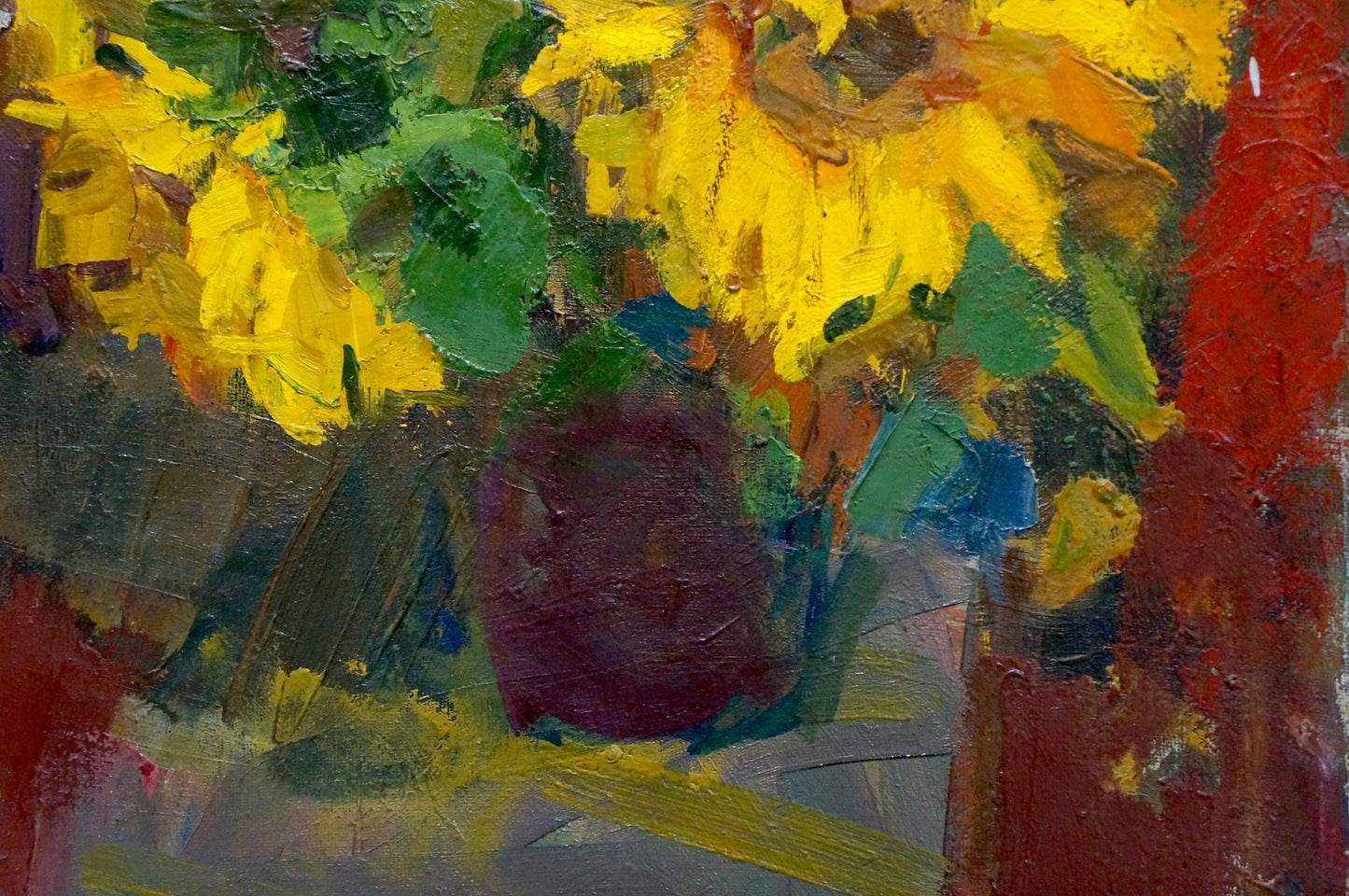 Vibrant oil painting of sunflowers in purple vase by Vladimir Schwab