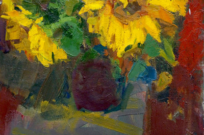 Vibrant oil painting of sunflowers in purple vase by Vladimir Schwab