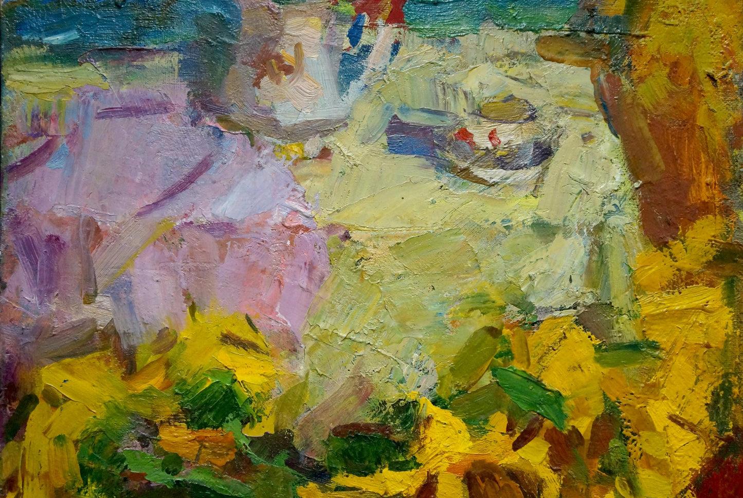 Vibrant impressionist oil painting of yellow flowers on table by Vladimir Schwab