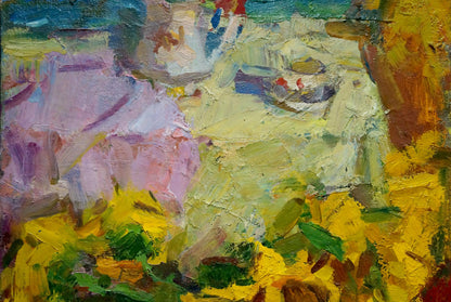 Vibrant impressionist oil painting of yellow flowers on table by Vladimir Schwab