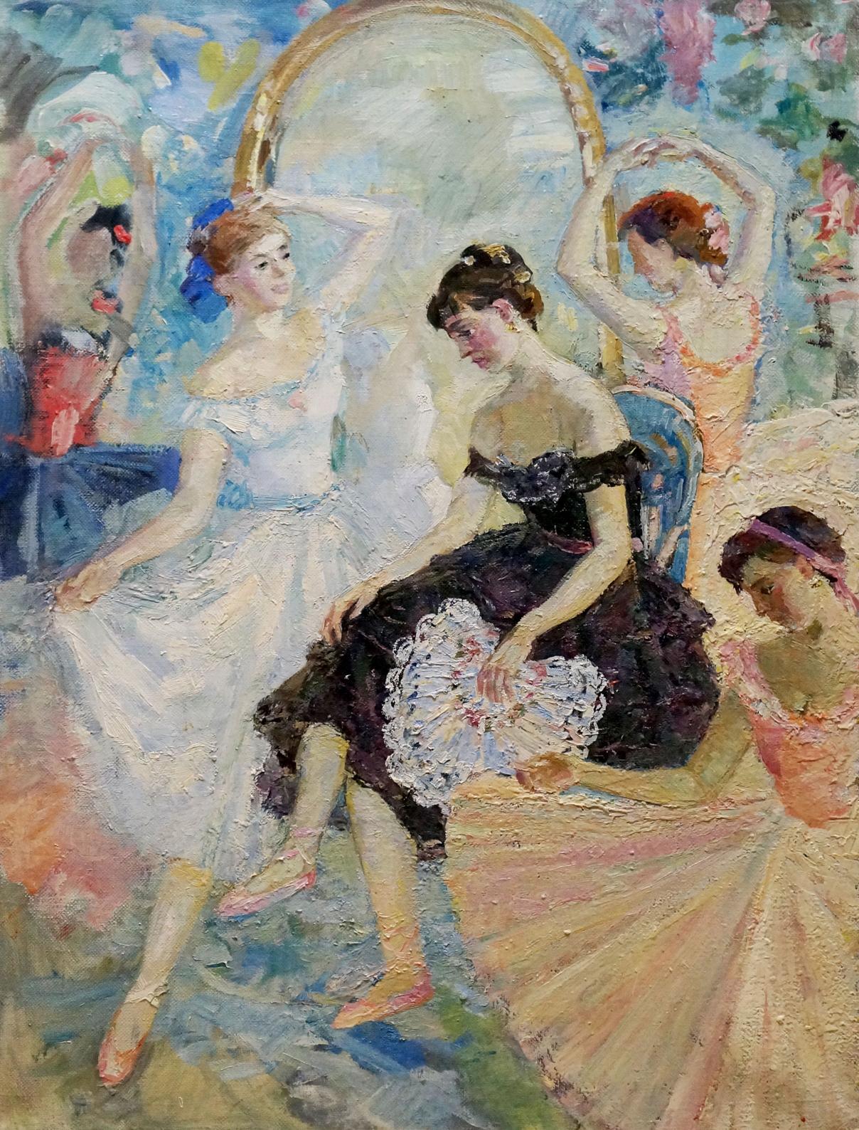Vibrant impressionist oil painting Before the Performance by Titarenko Maria Anatolyevna, ballerinas in flowing white, black, peach dresses