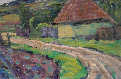 Oil painting of rustic thatched cottage in Evening Poltava region by Fomin Anatoly Nikiforovich