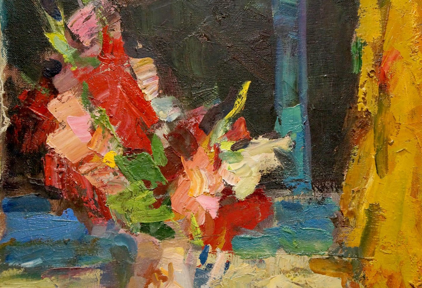 Vibrant oil painting of flowers on the table by Schwab Vladimir