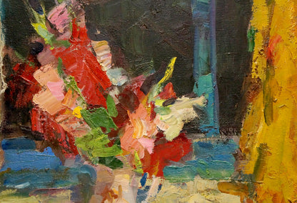 Vibrant oil painting of flowers on the table by Schwab Vladimir