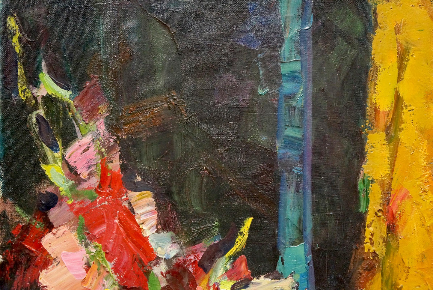 Oil painting Flowers on the table by Schwab Vladimir, abstract reds and pinks