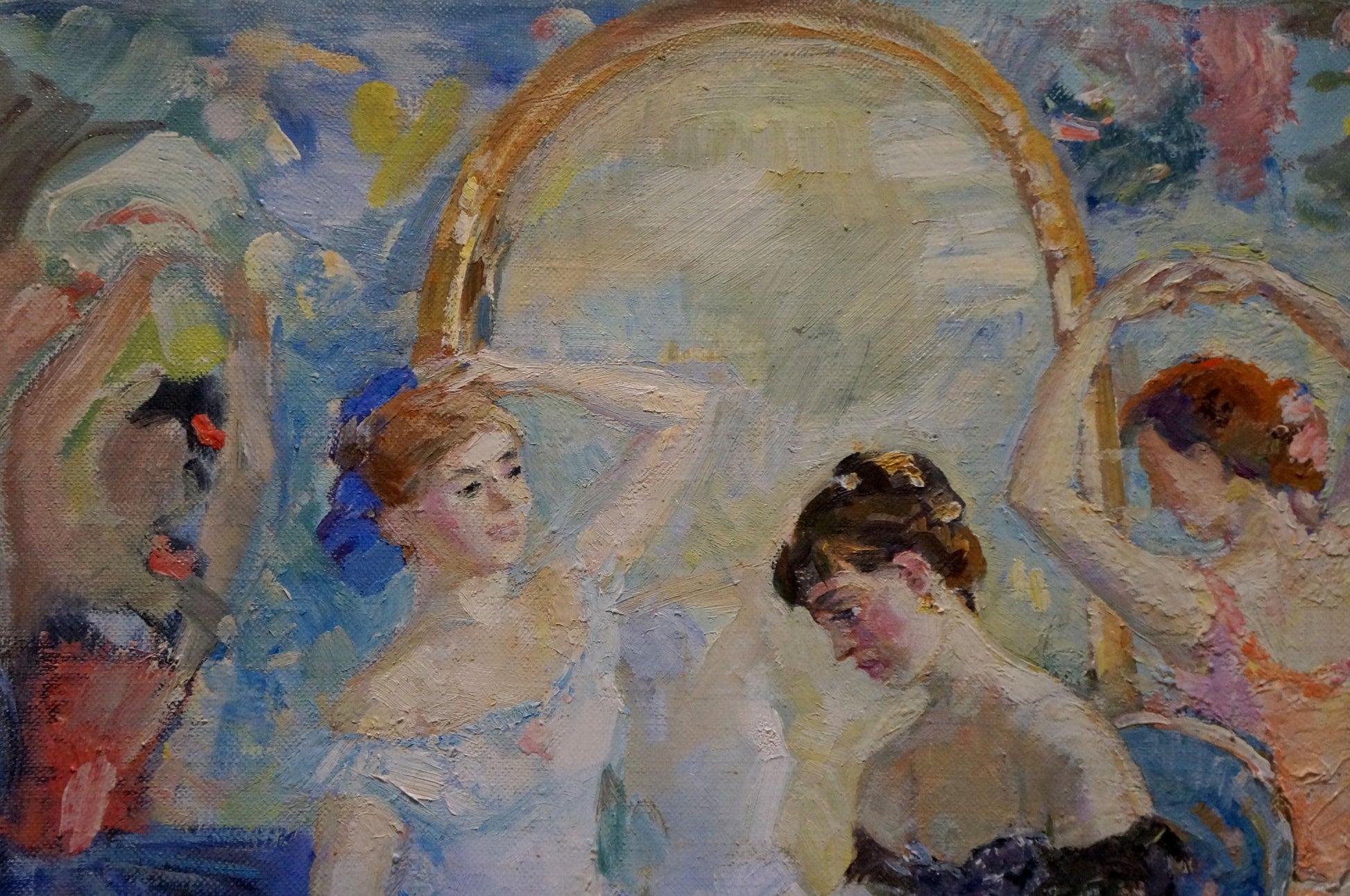 Oil painting Before the Performance by Titarenko Maria Anatolyevna: woman in updo holding round mirror