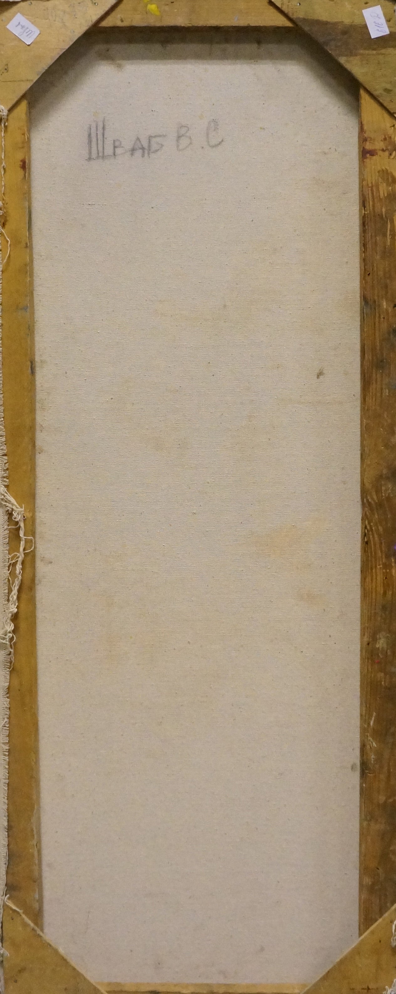 Back of Vladimir Schwab oil painting Flowers on the table with faded handwritten markings
