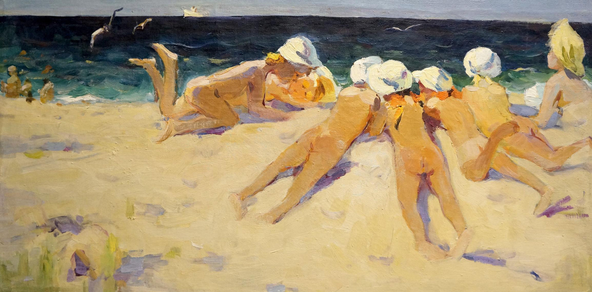 A painting depicting a group of figure children in white hats lounging on a sunlit beach, rendered with impressionistic brushstrokes and warm tones.