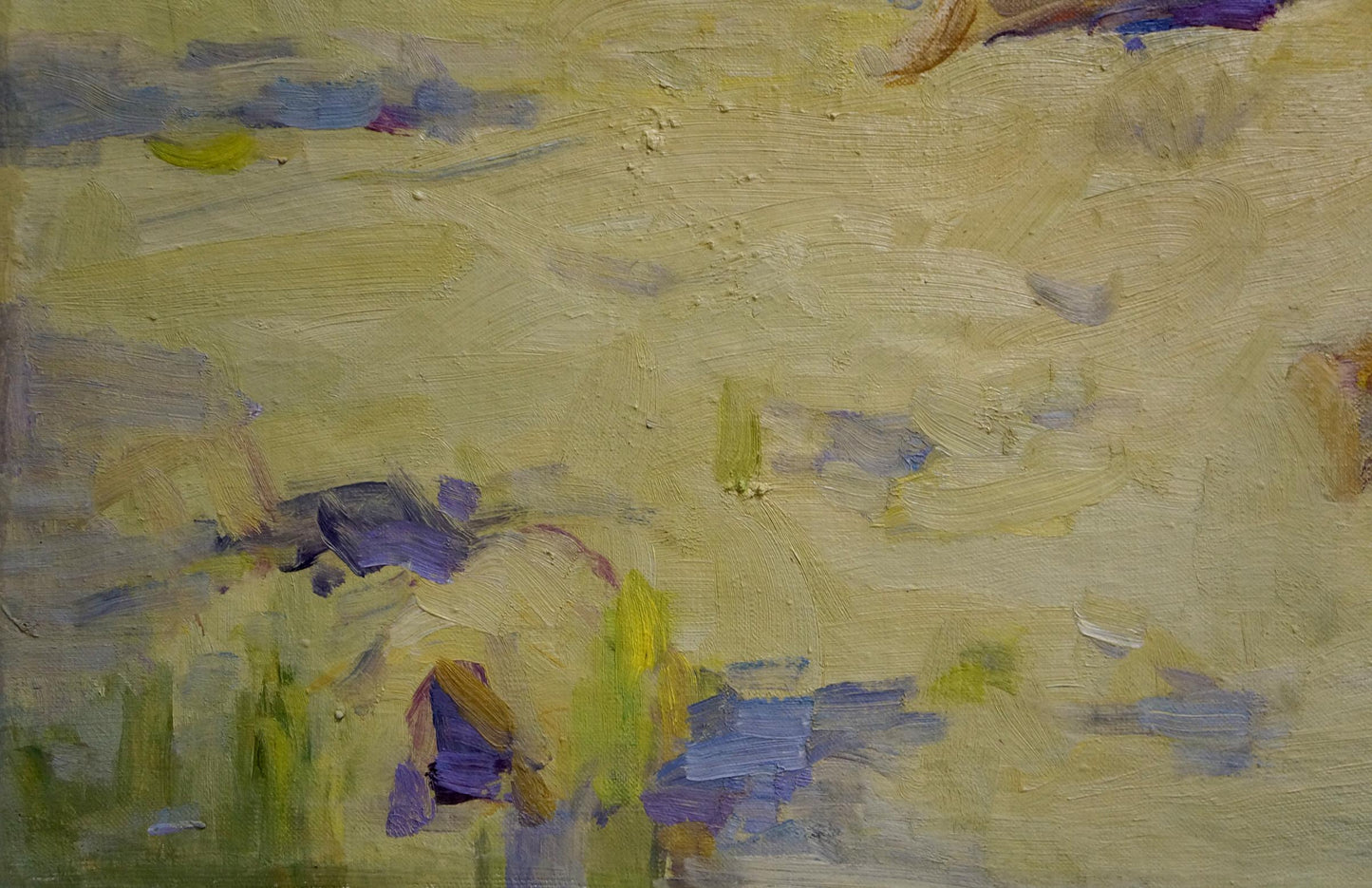 Abstract oil portrait of young figures in yellow purple green hues