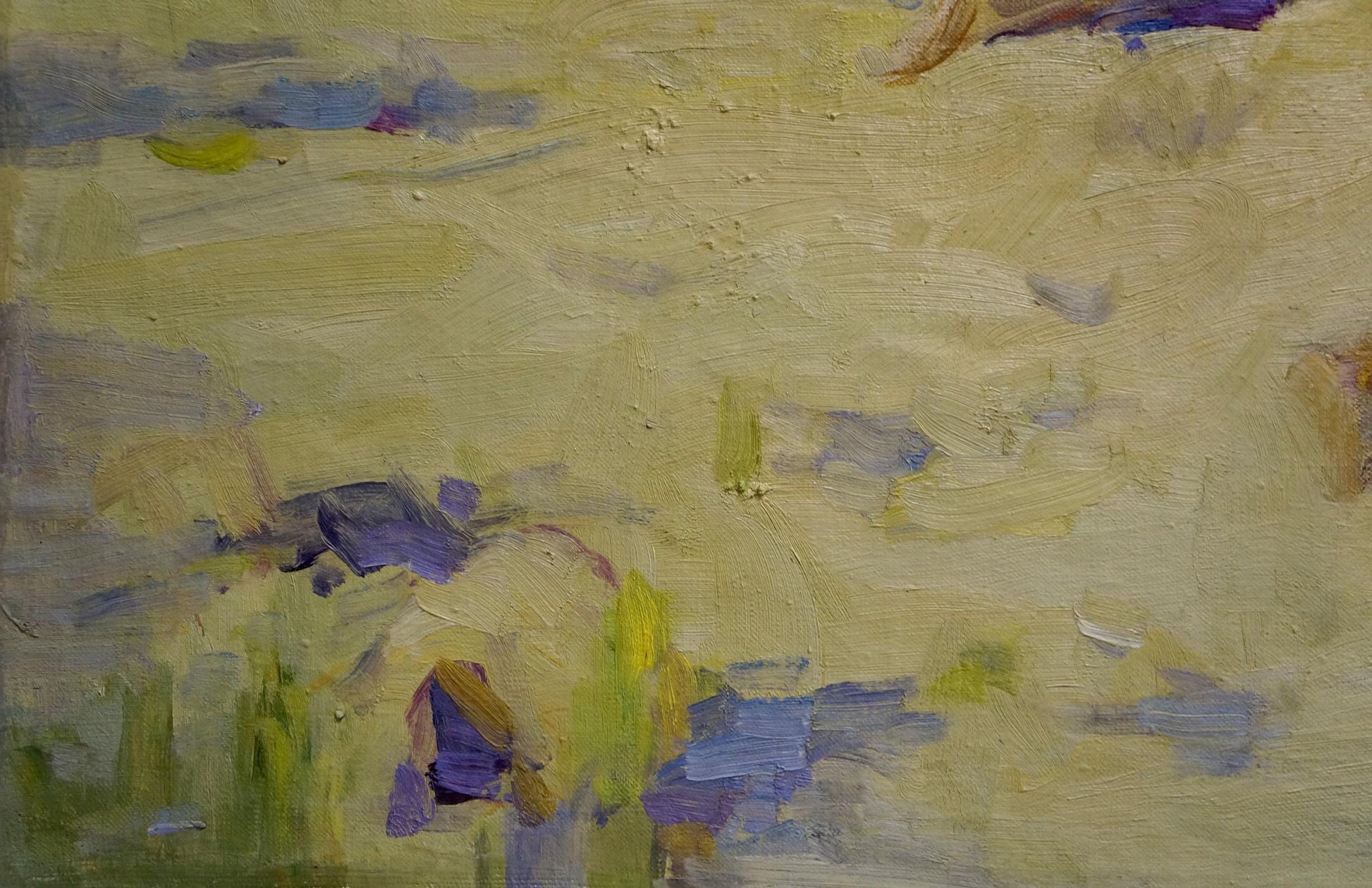 Abstract oil portrait of young figures in yellow purple green hues