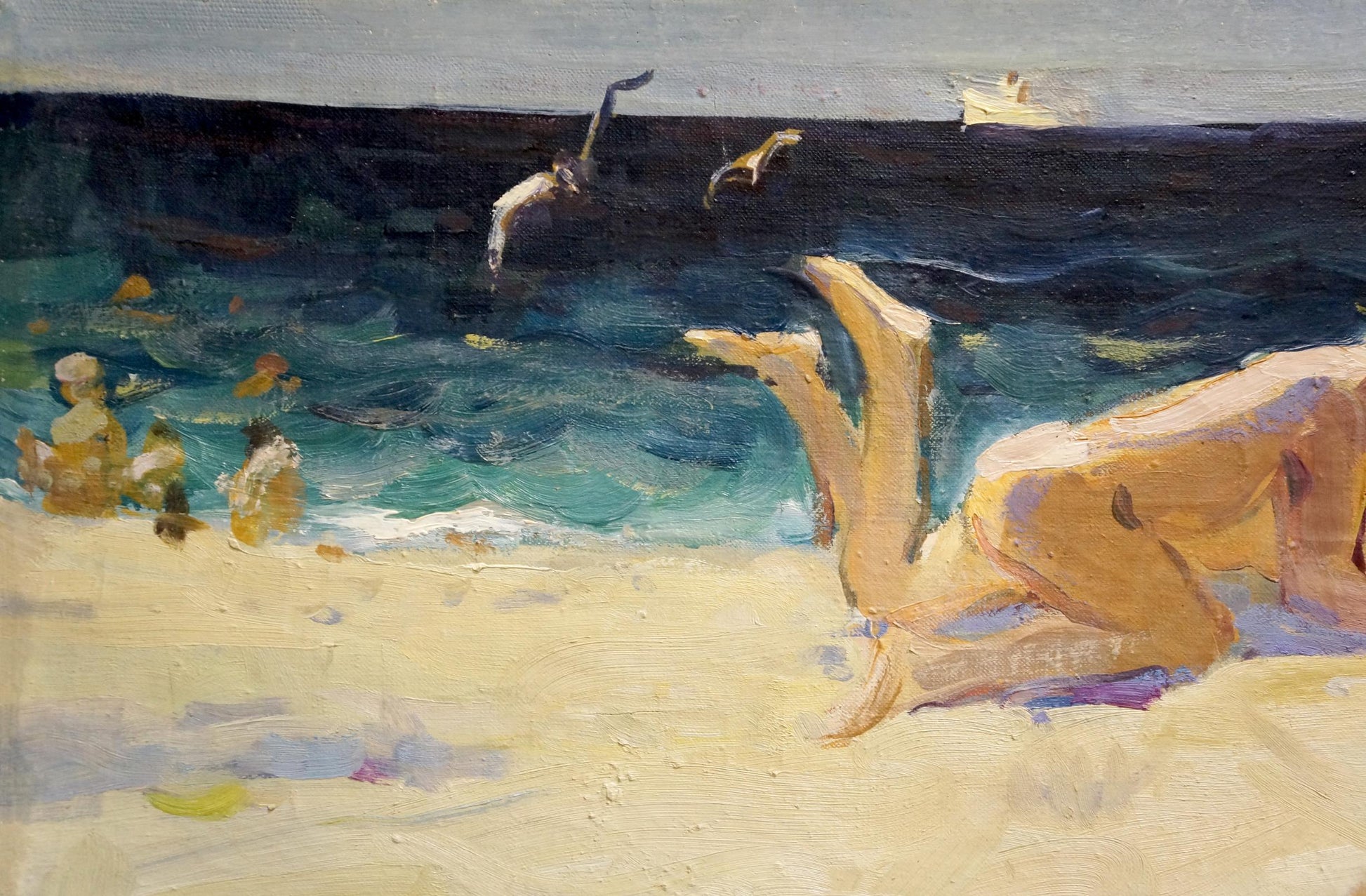 Impressionist oil painting of undraped tan boy reclining on sunlit beach