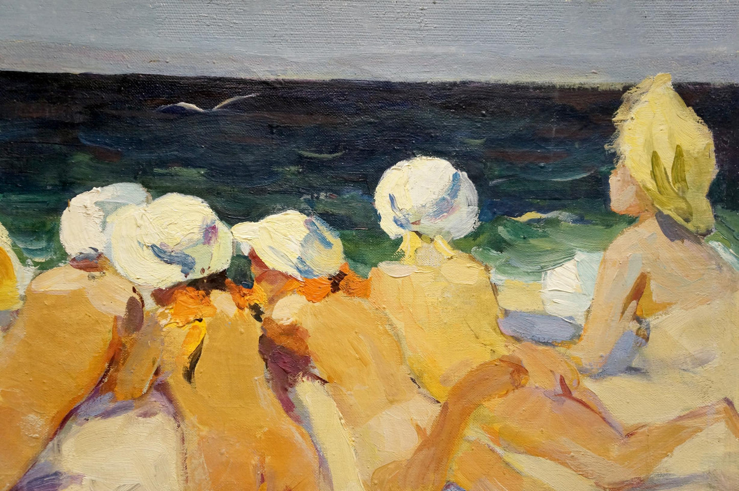 Oil painting of young figures as women in white swim caps on overcast beach