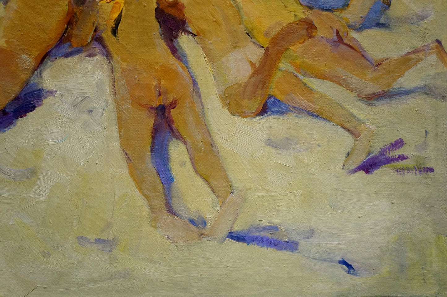 Vibrant impressionistic oil painting portrait of young figures in ochre yellow tones