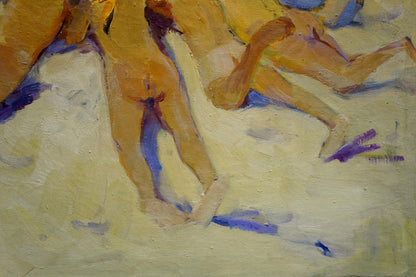 Vibrant impressionistic oil painting portrait of young figures in ochre yellow tones