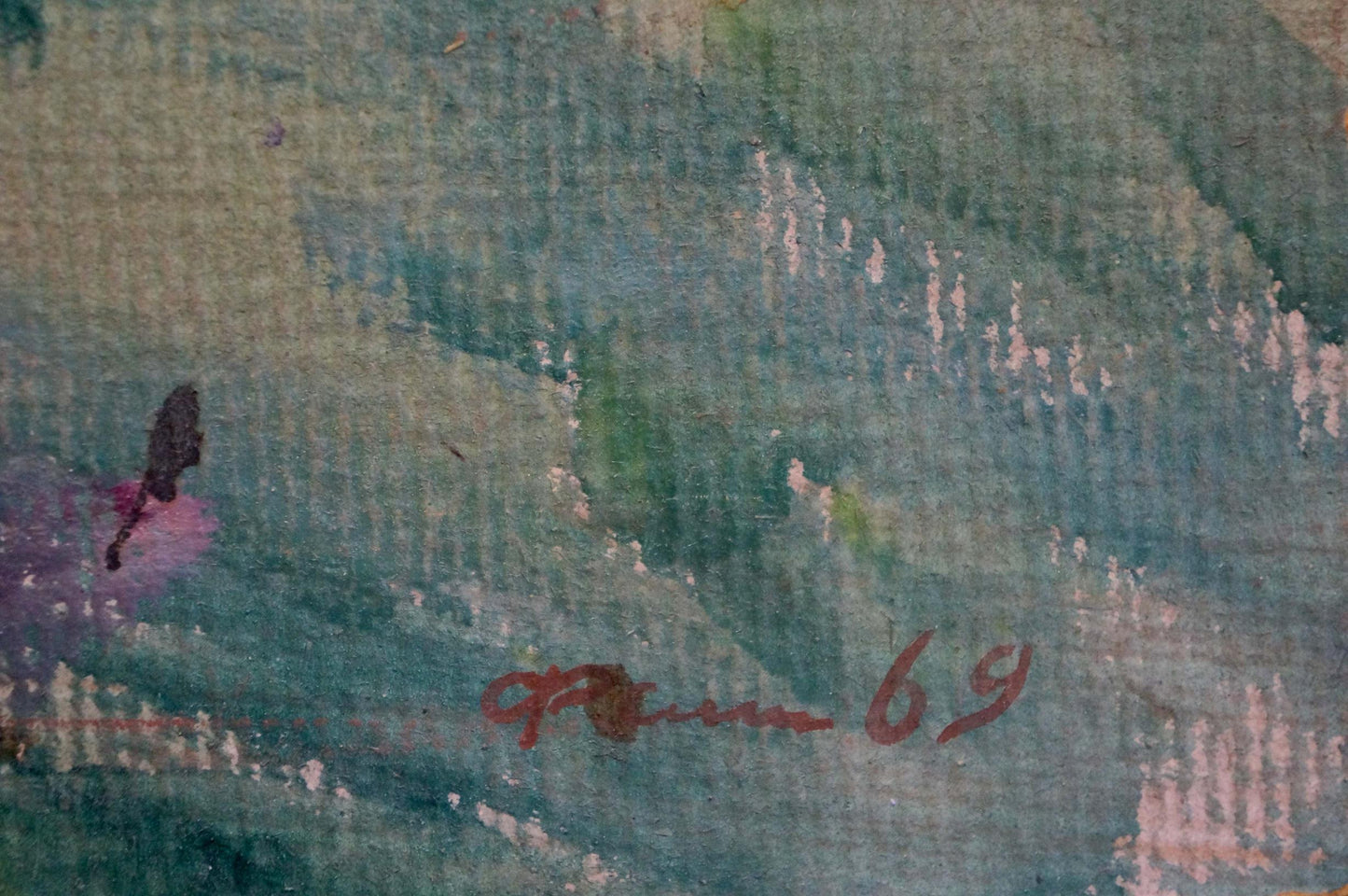 Back of Oil painting Morning in the Meadow by Fomin Anatoly Nikiforovich with red r signature on watercolor textured hues