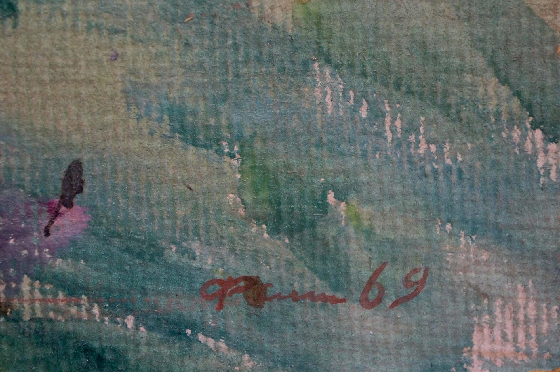 Back of Oil painting Morning in the Meadow by Fomin Anatoly Nikiforovich with red r signature on watercolor textured hues