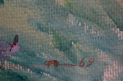 Back of Oil painting Morning in the Meadow by Fomin Anatoly Nikiforovich with red r signature on watercolor textured hues