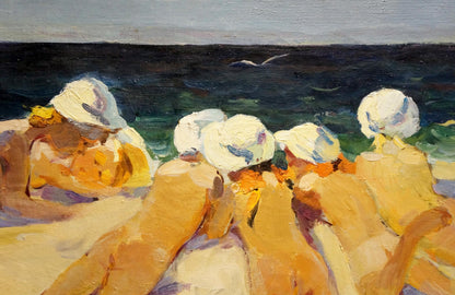 Vibrant impressionist oil painting portrait of young figures lounging on beach