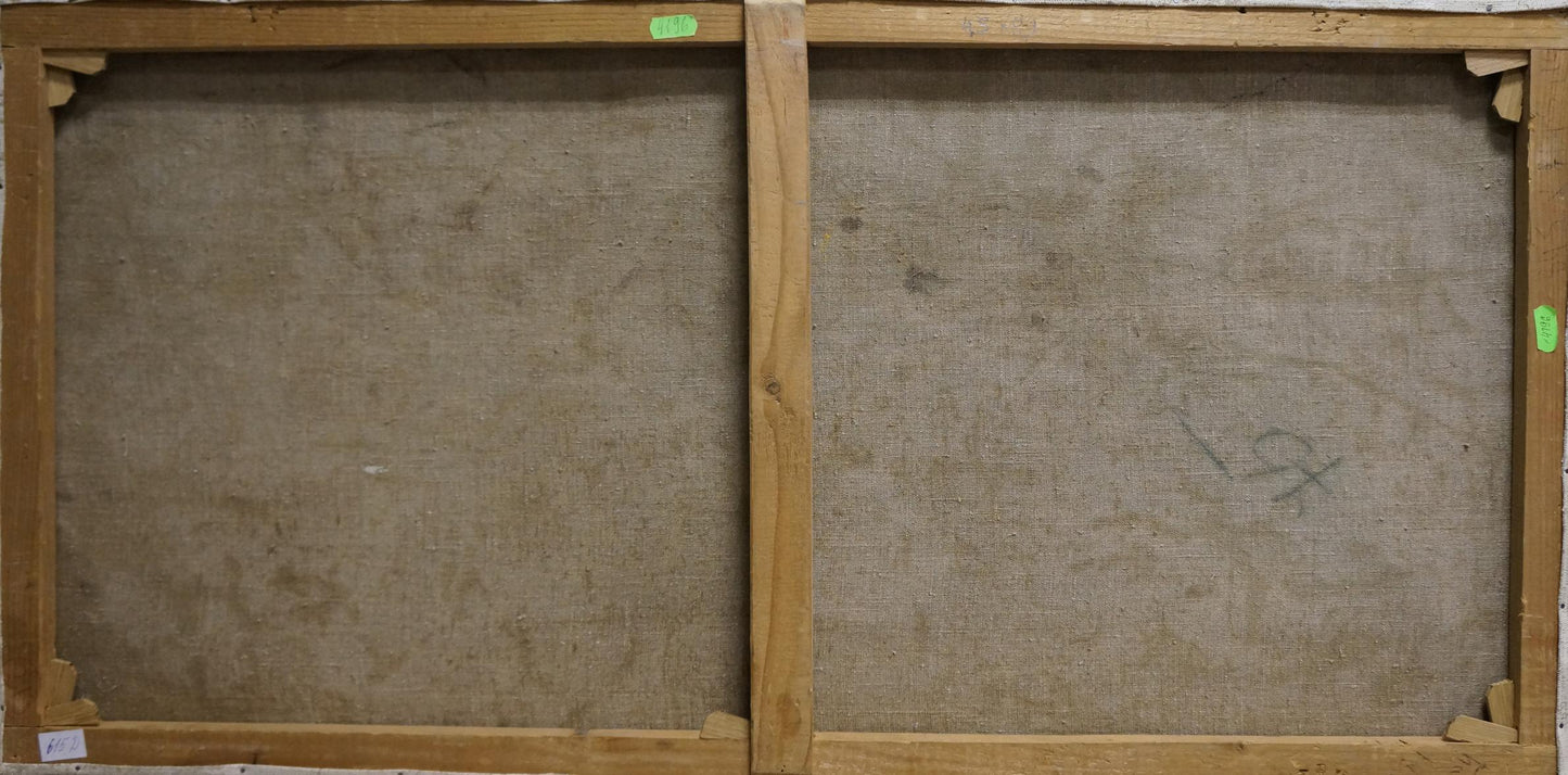 Back of two wooden-framed oil painting portraits of young figures with green labels