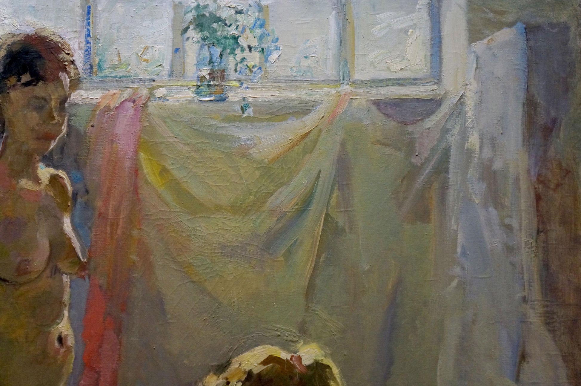 Impressionistic oil painting by Maria Titarenko: graceful female figures in soft pink yellow fabric on window ledge