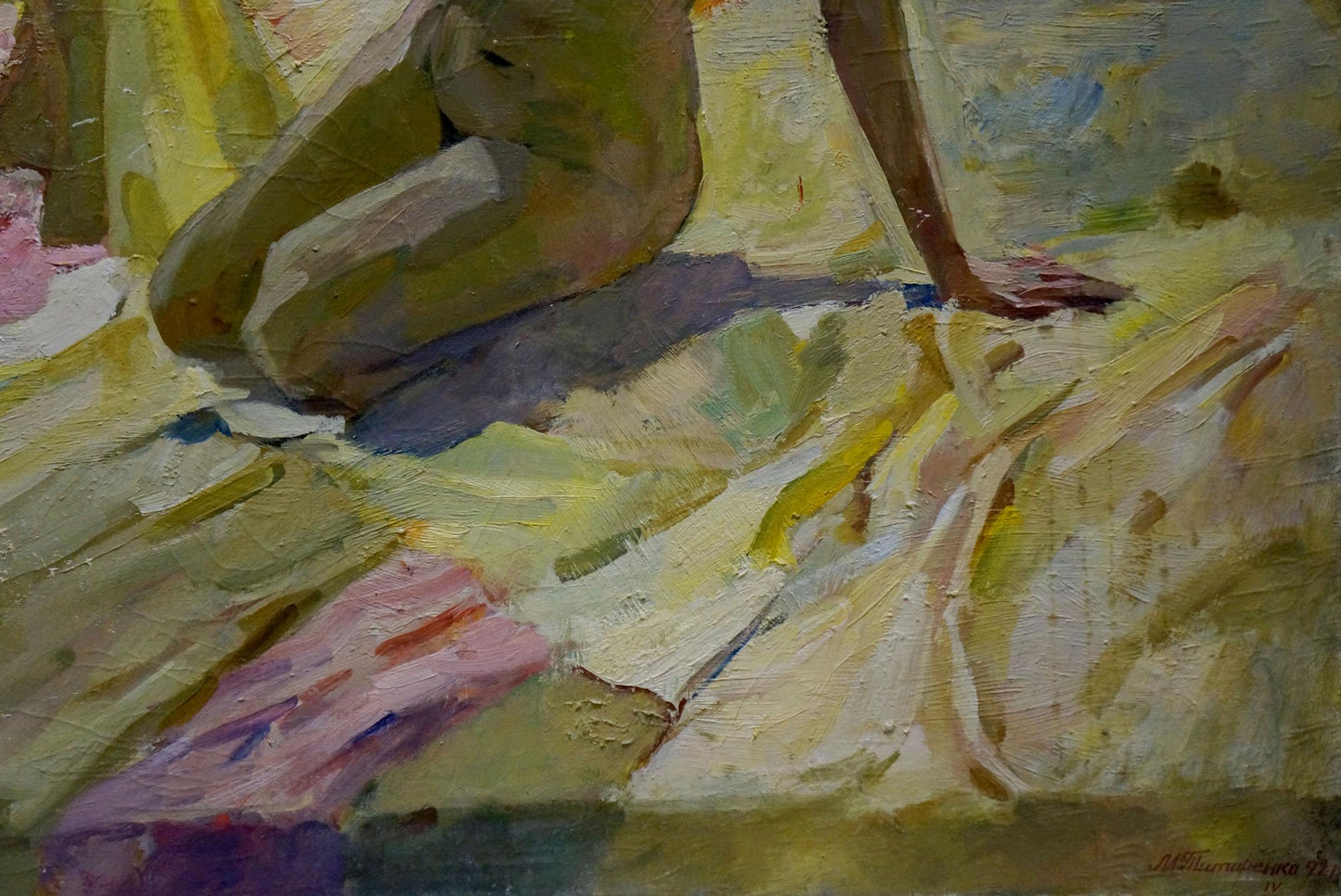 Textured oil painting of graceful female figures by Maria Titarenko in yellow-green tones