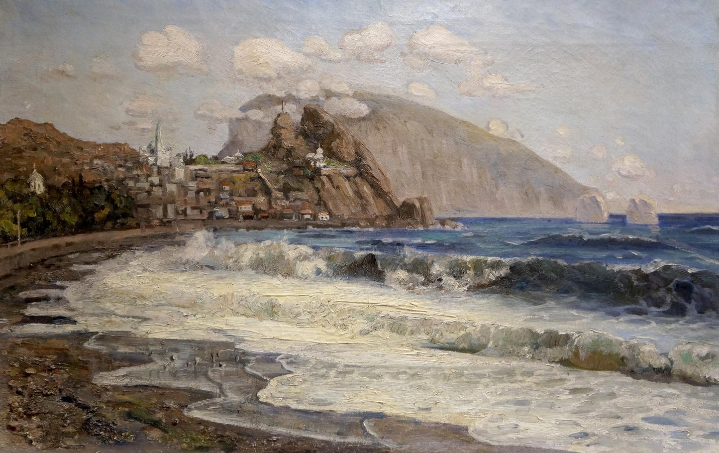 Oil painting of waves near shore in coastal town on rugged cliffside