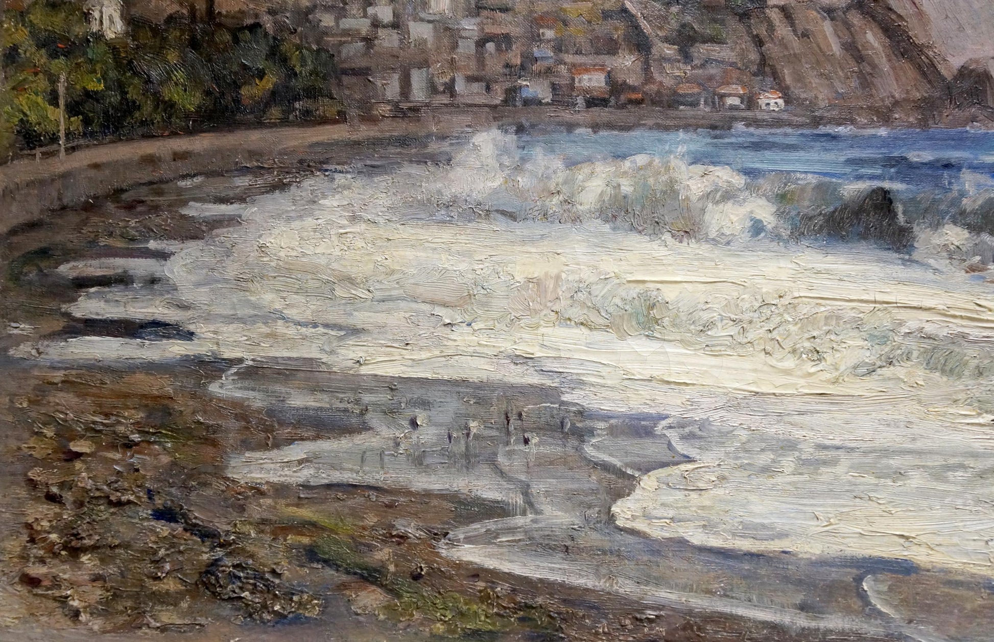 Oil painting of textured crashing waves near rocky shore in white and blue