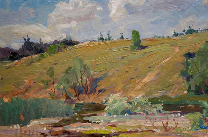 Textured oil painting of rolling green hillside by Fomin Anatoly Nikiforovich