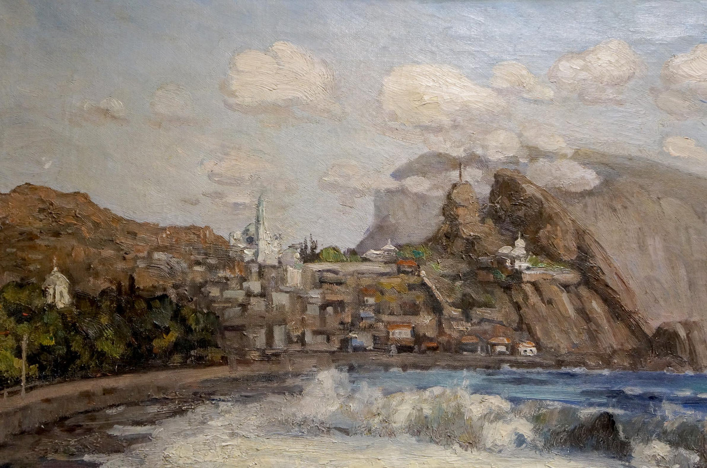 Oil painting of waves near shore in coastal town on rugged cliffs