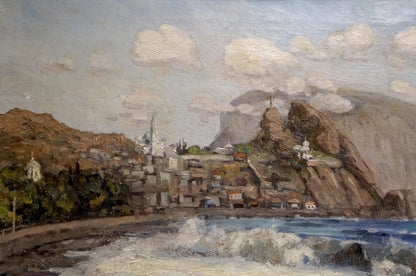 Oil painting of waves near shore in coastal town on rugged cliffs