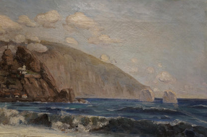 Oil painting Waves near the shore: textured coastal waves crashing on rocky cliffs