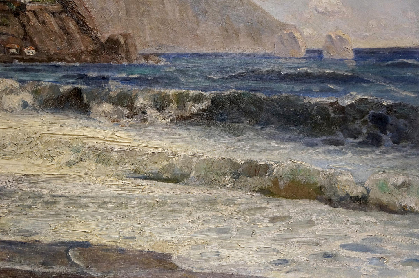 Oil painting Waves near the shore: textured crashing waves on sandy beach