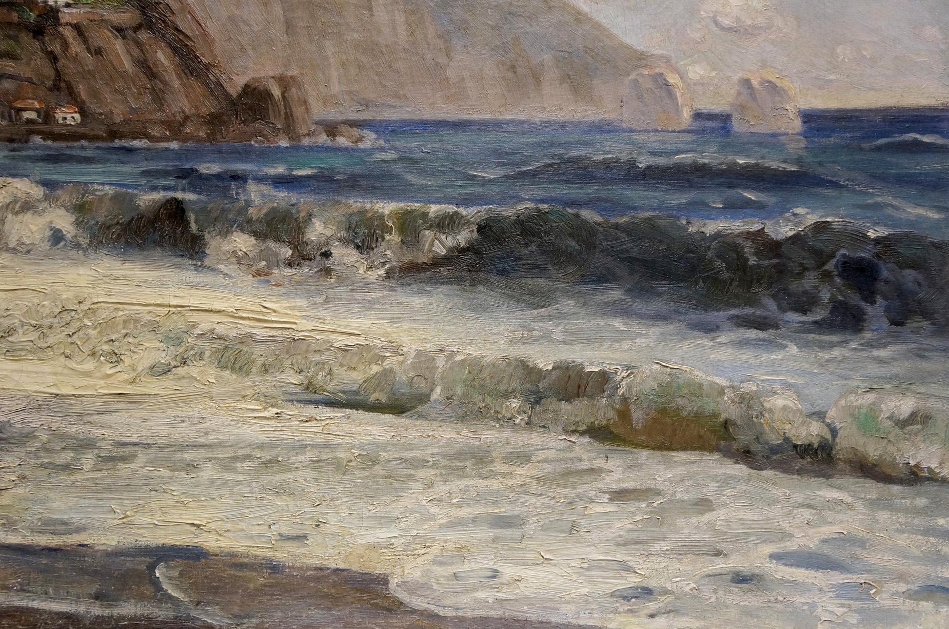 Oil painting Waves near the shore: textured crashing waves on sandy beach