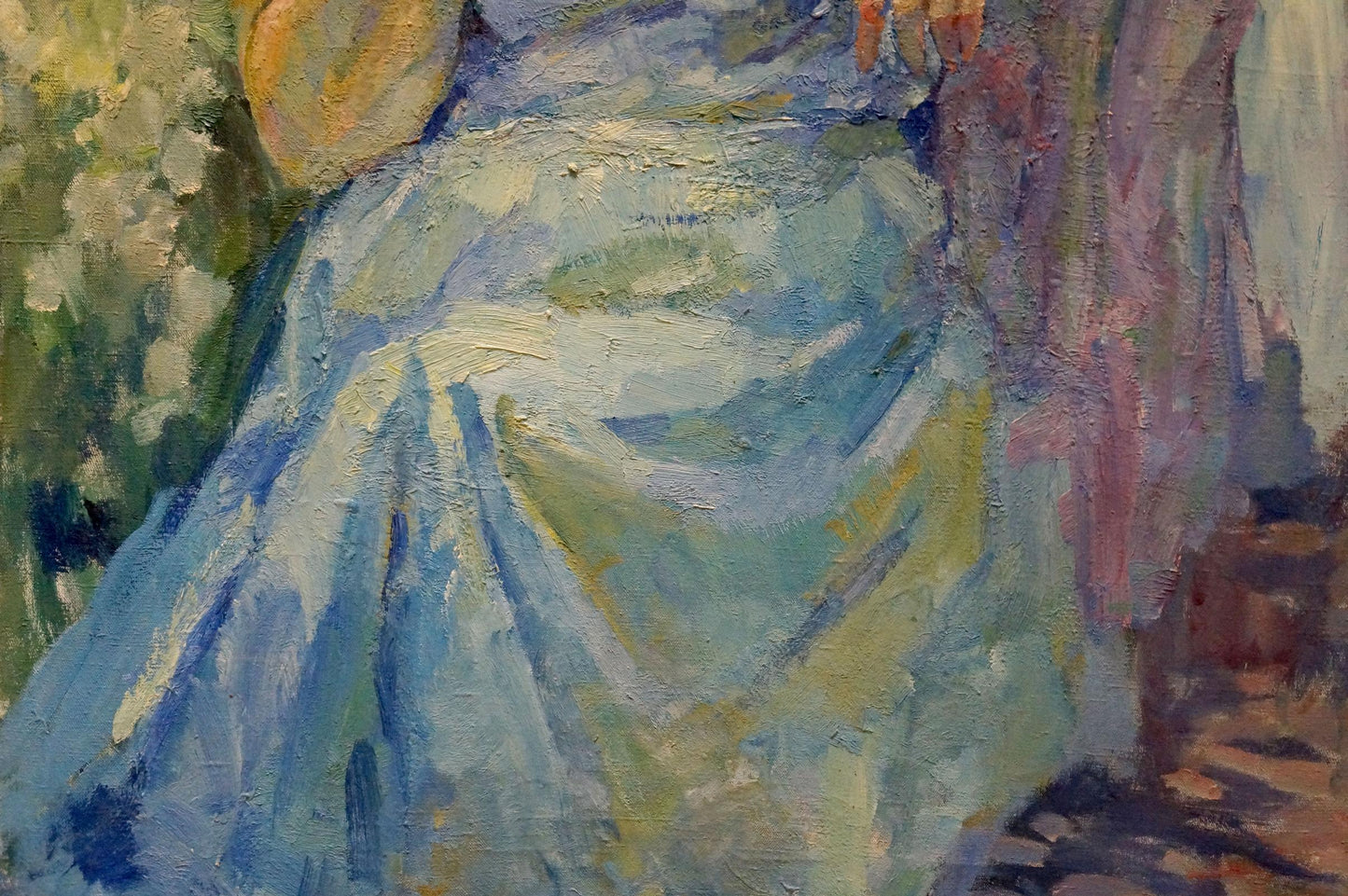 Oil painting Woman in the Garden by Tytarenko Odarka Anatoliivna, flowing blue gown