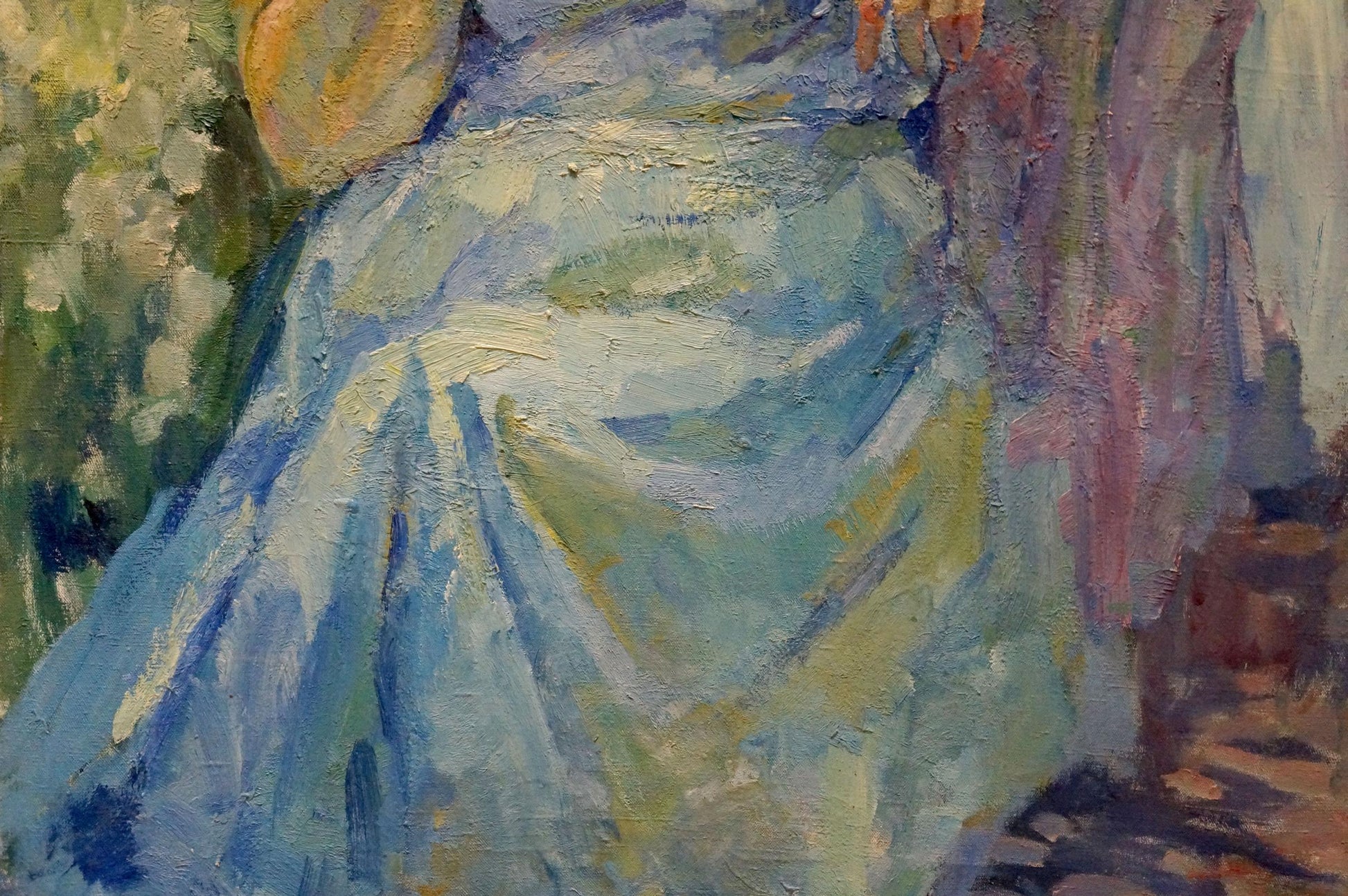 Oil painting Woman in the Garden by Tytarenko Odarka Anatoliivna, flowing blue gown