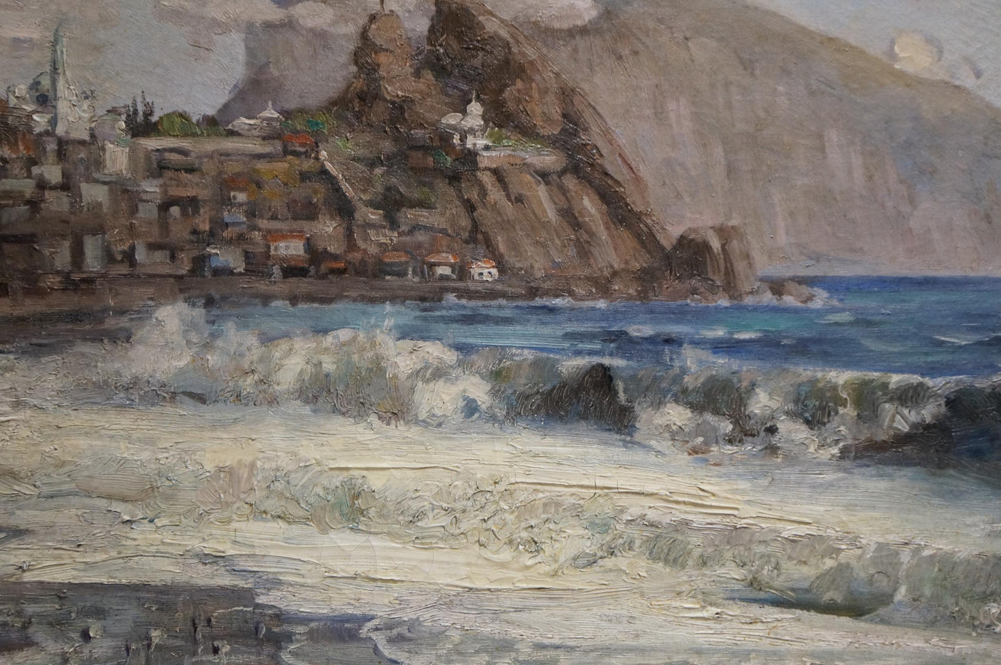 Oil painting of waves near shore in coastal village on rugged cliffs