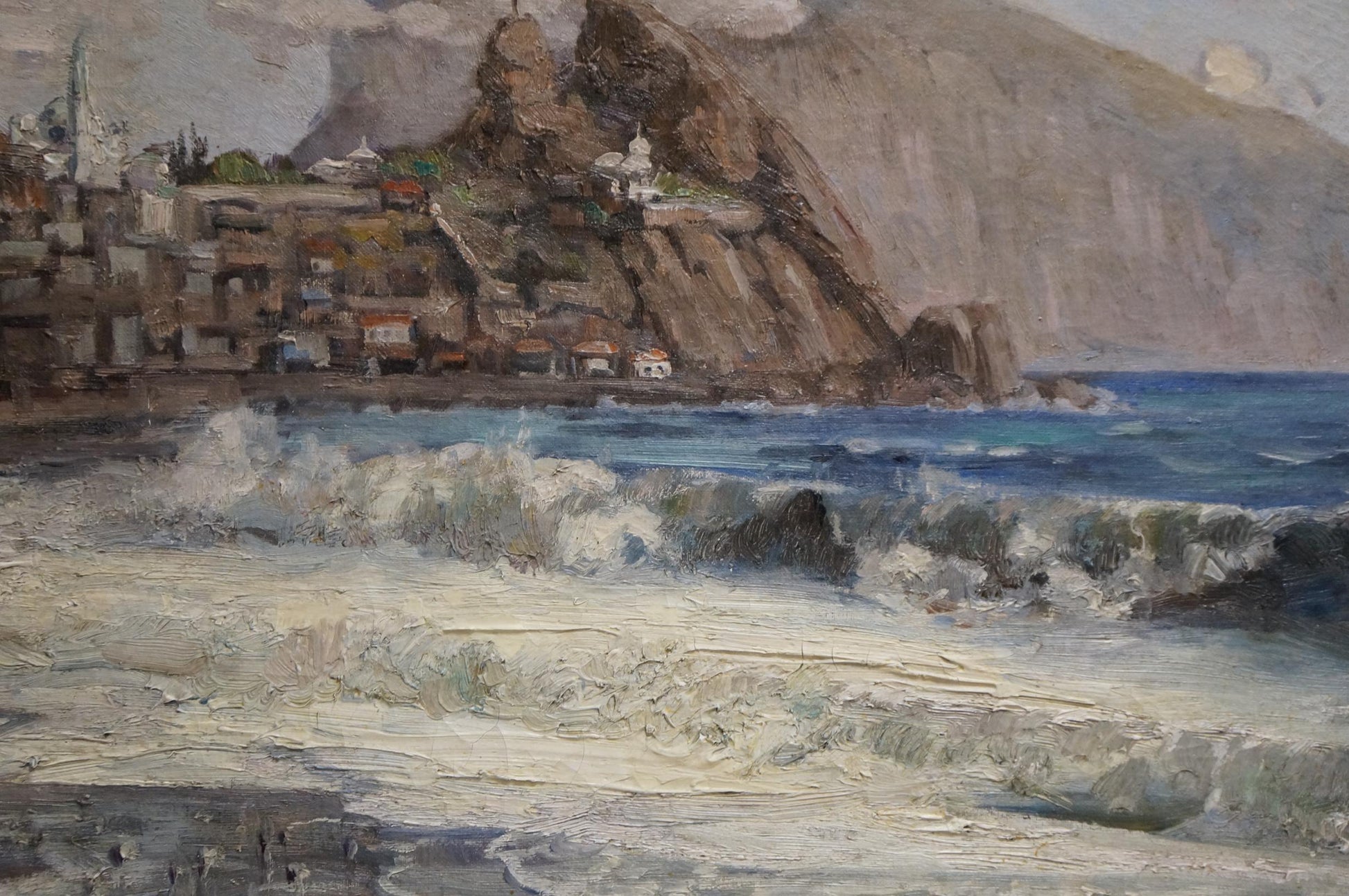 Oil painting of waves near shore in coastal village on rugged cliffs