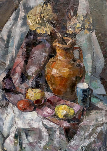 Oil painting of rustic terracotta pitcher vase with flowers and fruits