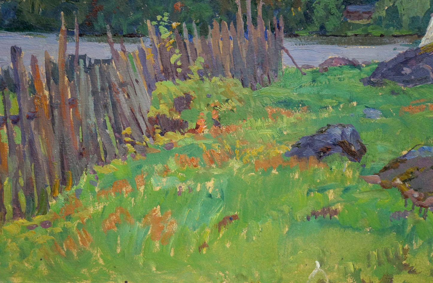 Oil painting by Fomin Anatoly Nikiforovich: rustic fence in green field with orange wildflowers