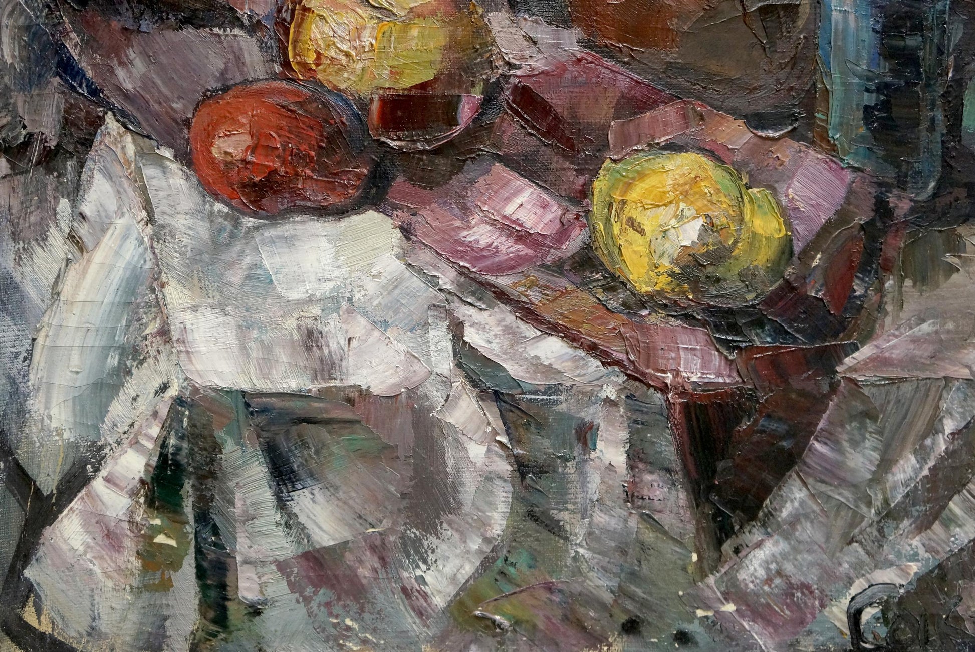 Impressionistic oil painting of vase with fruits on draped cloth