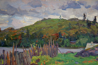 Oil painting In the village by Fomin Anatoly Nikiforovich: impressionistic hills, fence, river
