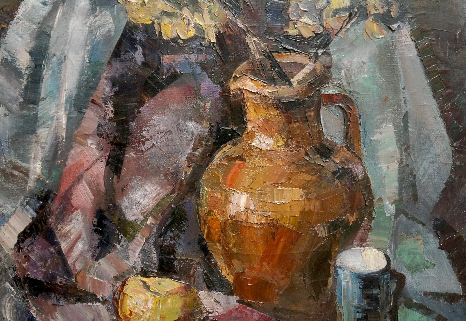 Rustic terracotta pitcher in oil painting with vase, flowers, fruits on towel