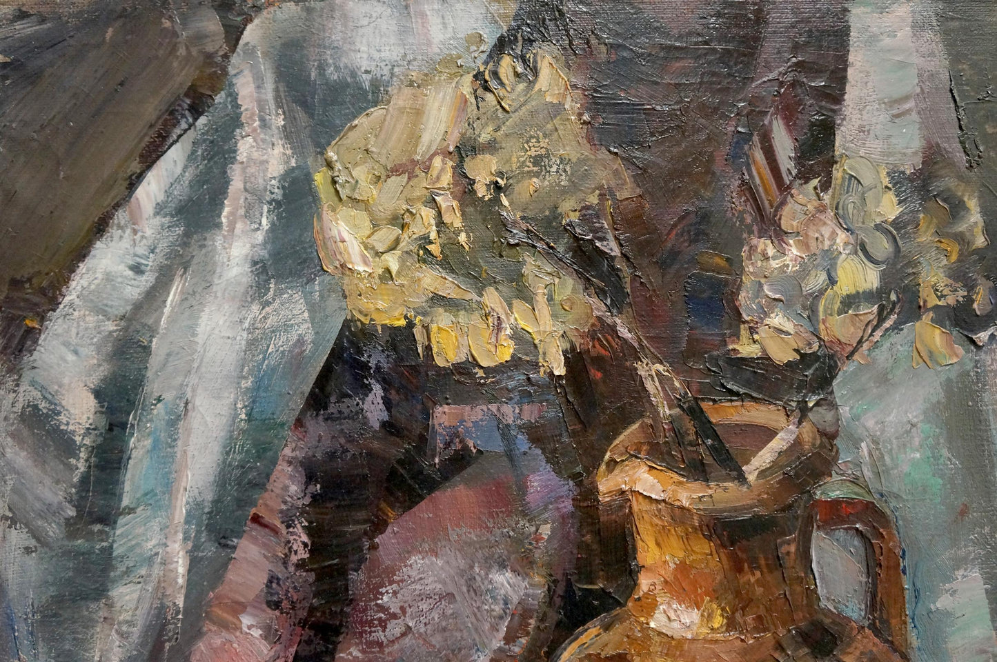 Impressionistic oil painting of brown ceramic vase with yellow flowers on towel