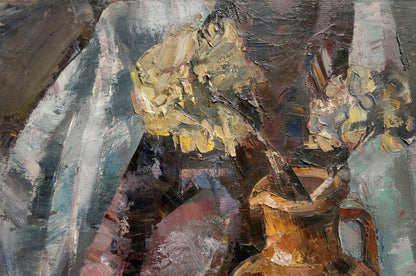 Impressionistic oil painting of brown ceramic vase with yellow flowers on towel