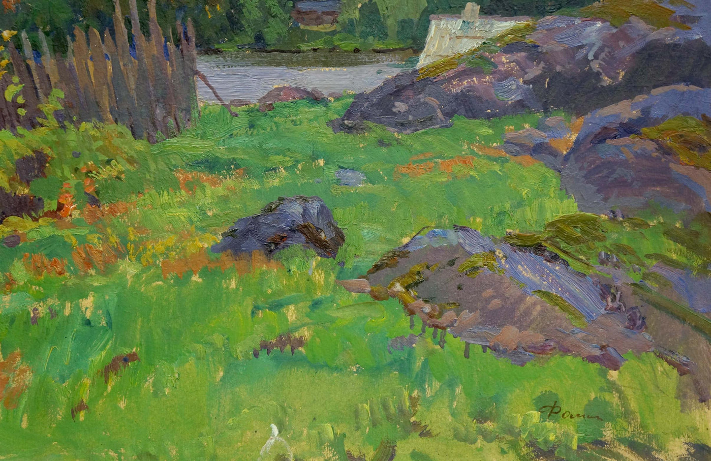 Impressionistic oil painting by Fomin Anatoly Nikiforovich of vibrant green field with rocks and wildflowers
